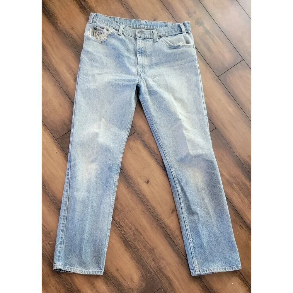 Vintage Levis 549 36x32 Leather Tab Jeans 80s 90s Stone Wash Frayed Faded Thick